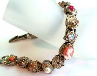 Vintage Pretty Charm Slide Bracelet Cameo Fly Pearl Flower Glass 