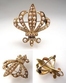 Antique Fleur de Lis Pearl Brooch Pin Pendant Solid 14k Gold Fine 