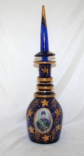 Antique Cobalt Glass Gold Wine Decanter Bottle Turkey circa 1920