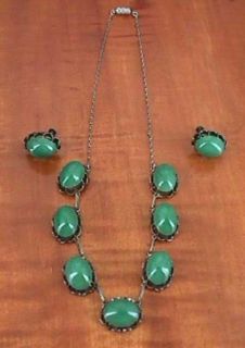 Vintage Sterling Silver Chrysoprase Necklace Earrings