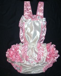 Adult Baby Romper Sissy Satin French Maid White w Pink Ruffles Vinyl 