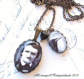 Black and White Edgar Allen Poe with Raven Art Necklace Steampunk 