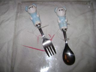 Baby Blue Boy Bear Ceramic Plate Fork Spoon Child Starter Eating 