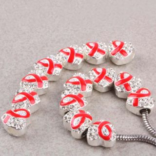   Rhinestone Red Ribbon Aids Awareness Heart Charm Beads For Bracelet