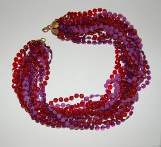 Vintage Molded Plastic Beaded Necklace Retro 1970s Purple Red 18 