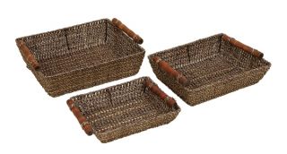 Bali Metal and Wicker Serving Baskets Tray Set of 3