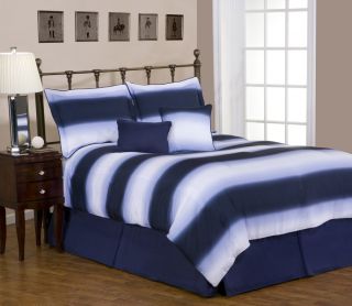 Navy Reversible Stripe Comforter Set Bed in A Bag Queen