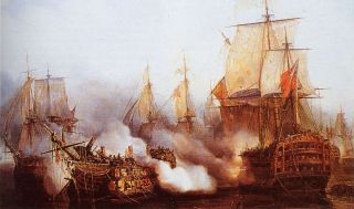   Lord Nelson and the British fleet at the Battle of Trafalgar in 1805