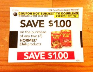20 FOOD MEAT BEAN COUPONS 1 00 2 ANY HORMEL CHILI PRODUCTS 12 31