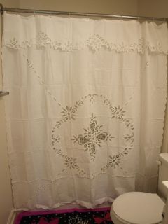 Chic Cotton Battenburg Lace Shower Curtain w Valance White