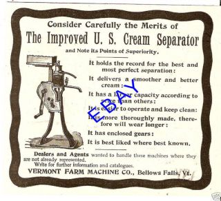 1900 Farm Machine Cream Separator Ad Bellows Falls VT