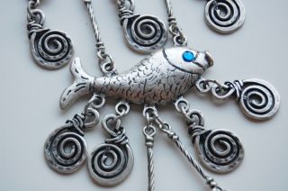   Fish Wall Hanging Amulet Handmade Turkish Silver Plated Evil Eye Bead