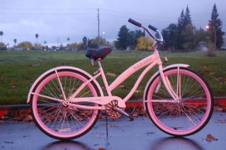 Lady Beach Bike White Pink Rims Adult Size Leather Grips with Fenders 