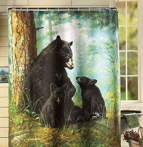    Woodland Black Bear Log Cabin Fabric Shower Curtain Ship to CANADA