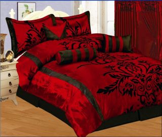 7Pc King Bedding Black/Burgundy Red Flock Satin Comforter Set