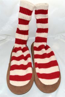 LL Bean Red & White Striped Wool Sock Slippers & Leather Soles Womans 