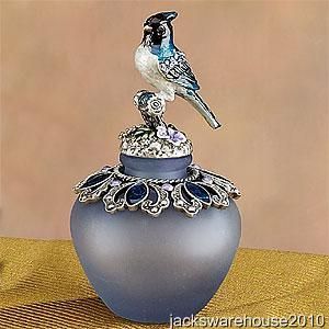 Lovely Bejeweled Blue Bird Top Frosted Perfume Bottle