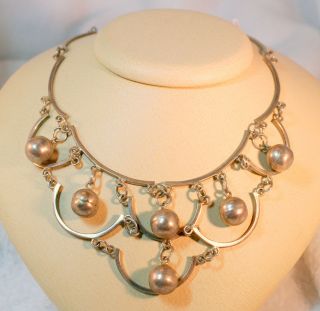Vintage Taxco Mexico Silver Dangling Balls Bib Necklace Hand Made 925 