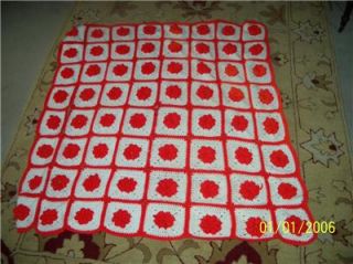   Crocheted AFGHAN Throw Blanket Bedding Throw RED WHITE FLOWERS E