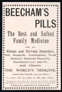1896 Beechams Pills Top Victorian Medicine Print Ad