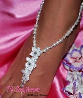 Barefoot Sandals   Foot Jewelry Beach Wedding White Rhinestone flowers 