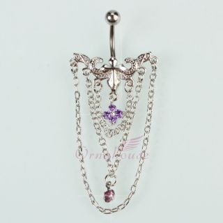   Chain Tassel Navel Belly Bars Ring Purple Crystal Body Jewelry