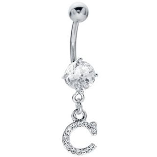 CZ Sparkling Initial C Dangle Belly Button Navel Piercing Ring   14G