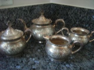   PLATED ANTIQUE TEA SET 4 PIECES OLD MARKED VAN BERCH NEW YORK USA MADE