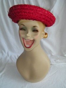Vintage Red Straw Hat Roberta Bernays Buckle Trim 3014