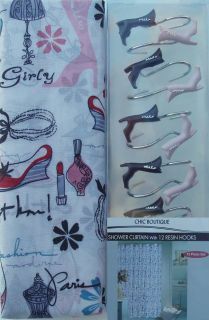French Chic Fashion Shower Curtain and Hooks Bath Room Set New