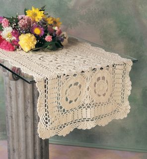 Hand Crocheted Table Runner 16x54 Oblong White Beige