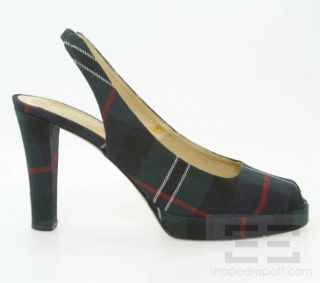 Bettye Muller Green & Navy Tartan Peep Toe Slingback Heels Size 41