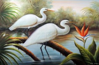 White Egret Pair Heron Birds Avian Wetlands Swamp Everglades 24x36 Oil 