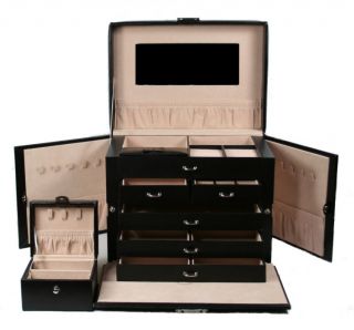 Huge Black Leather Jewelry Box Case Storage Lock w Key