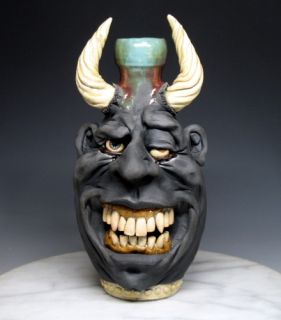 Raku Freak Art Idiot Black Velvet Devil Face Jug by Dan