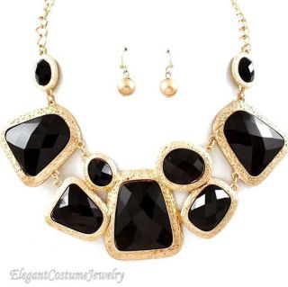 Black & Textured Gold Mixed Bead Necklace Set Chunky Elegant Costume 