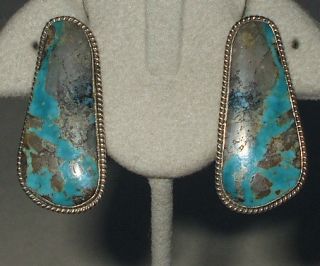 Big NAVAJO CANDELARIA BLUE CREEK TURQUOISE Clip On EARRINGS signed M 