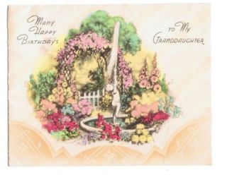 Art Deco Birthday Greeting Card Vintage 1930s Garden Scene
