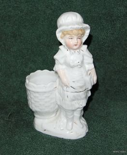 Two Antique German Porcelain Fairing Figures Boy and Girl with Baskets 