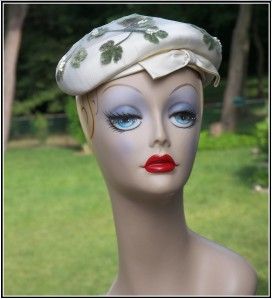   1950s 1960s Suzy Michelle Ivory Satin & Sage Green Leaf Asymmetric Hat