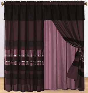 4pcs Purple Black Striped Window Curtain / Drape Set + Sheer Backing 