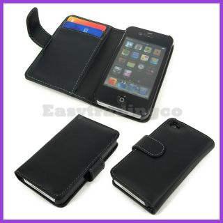 Black Book Agenda Type Leather Case Pouch Cover iPhone 4 4S with Card 