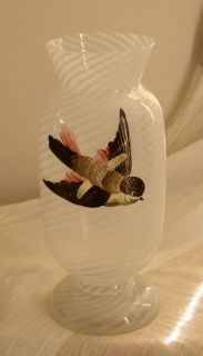 Fabulous antique Victorian Glass Vase with artfully hand painted bird 