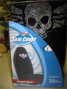 new cool silver bling winged skull bucket seat cover