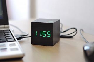   Green LED Wooden Wood Desk Alarm Mini Clock Black Voice Control