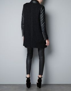 Zara Black Coat with Quilted Leather Sleeves Jacket s M L XL 2012 