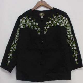Bob Mackie Sz L Blossom Embroidered Button Front Black Jacket NEW