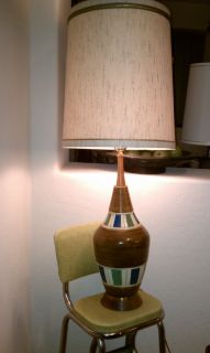 Vintage Mid Century Table Lamp and Shade Brown Blue Green Ceramic Pick 