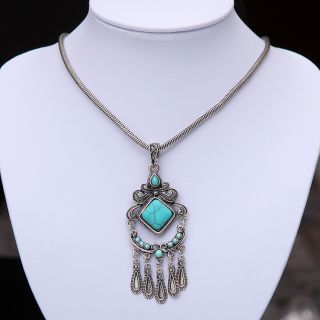Tibet Silver Howlite Blue Turquoise Bead Tassel Vintage Style Chain 