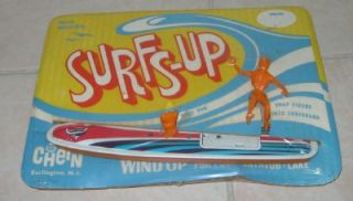 60s Chein Tin Wind Up Surfer w Dog on Surf Board Mint
